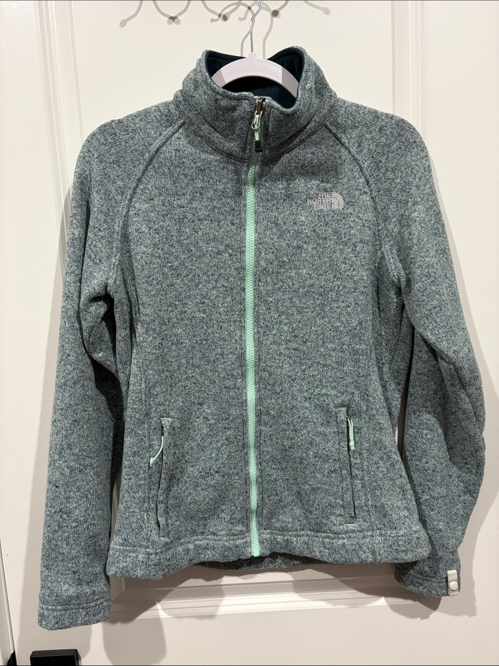 The North Face Heathered Blue and Gray Fleece Jacket with Mint Trim